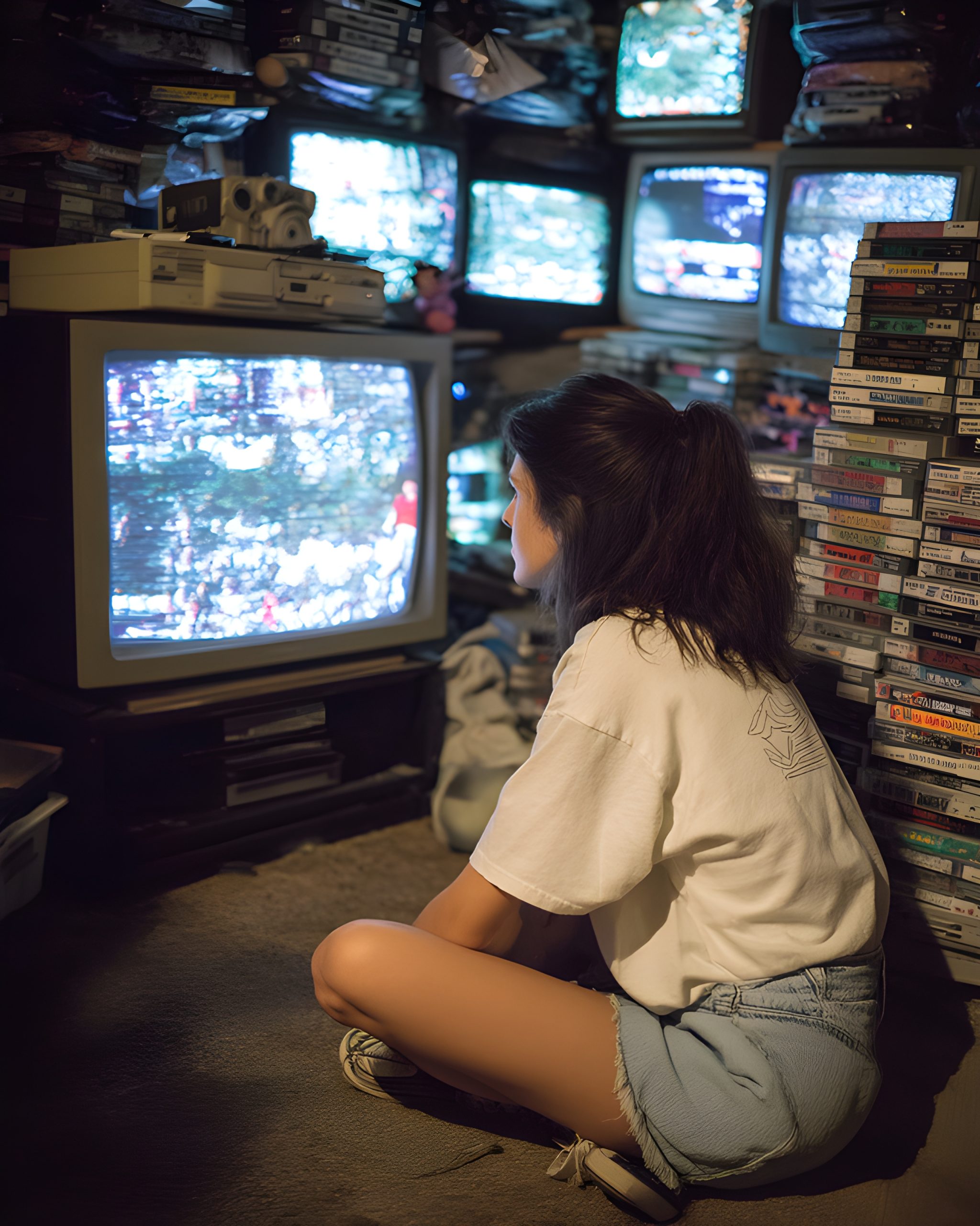 Girl watches TV in retro room