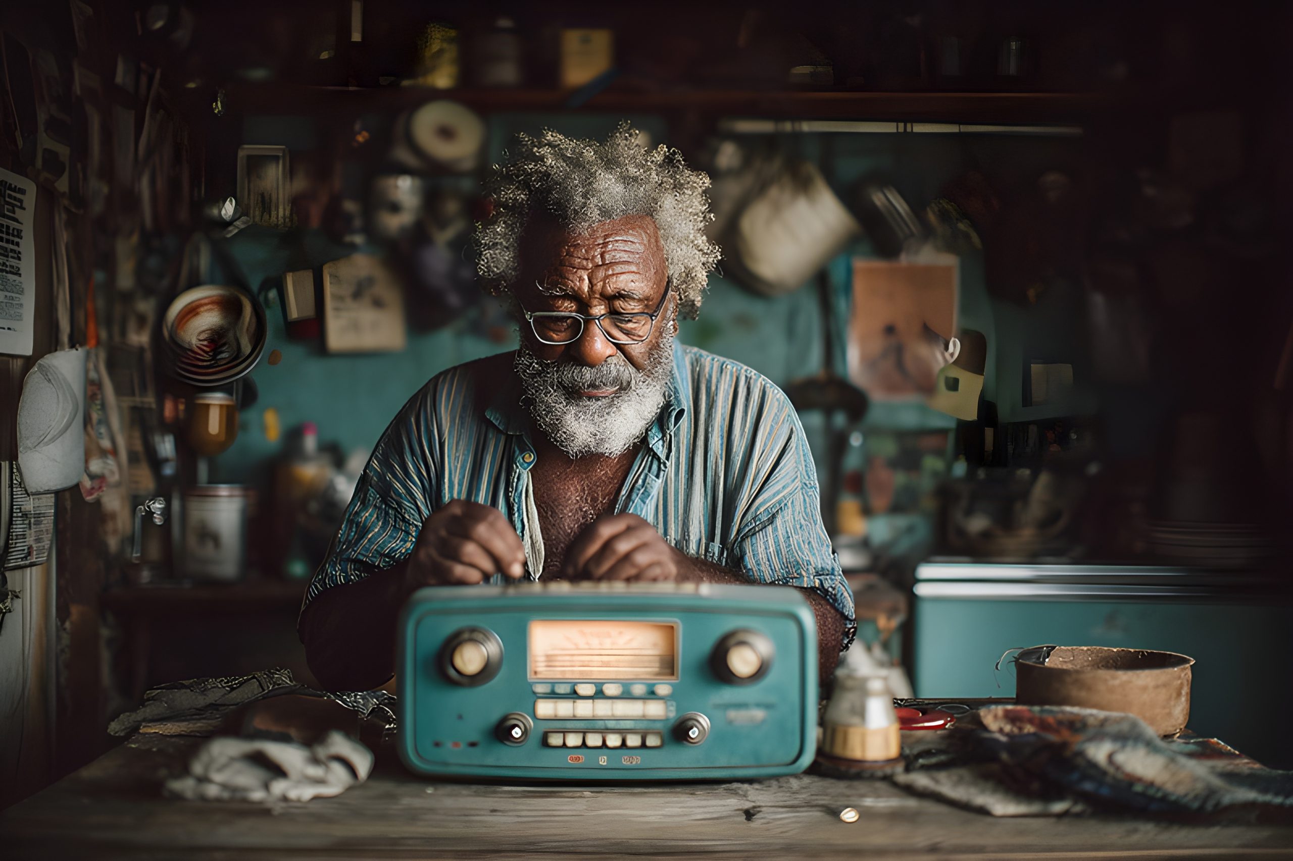 Elderly Man Repairing Vintage Radio