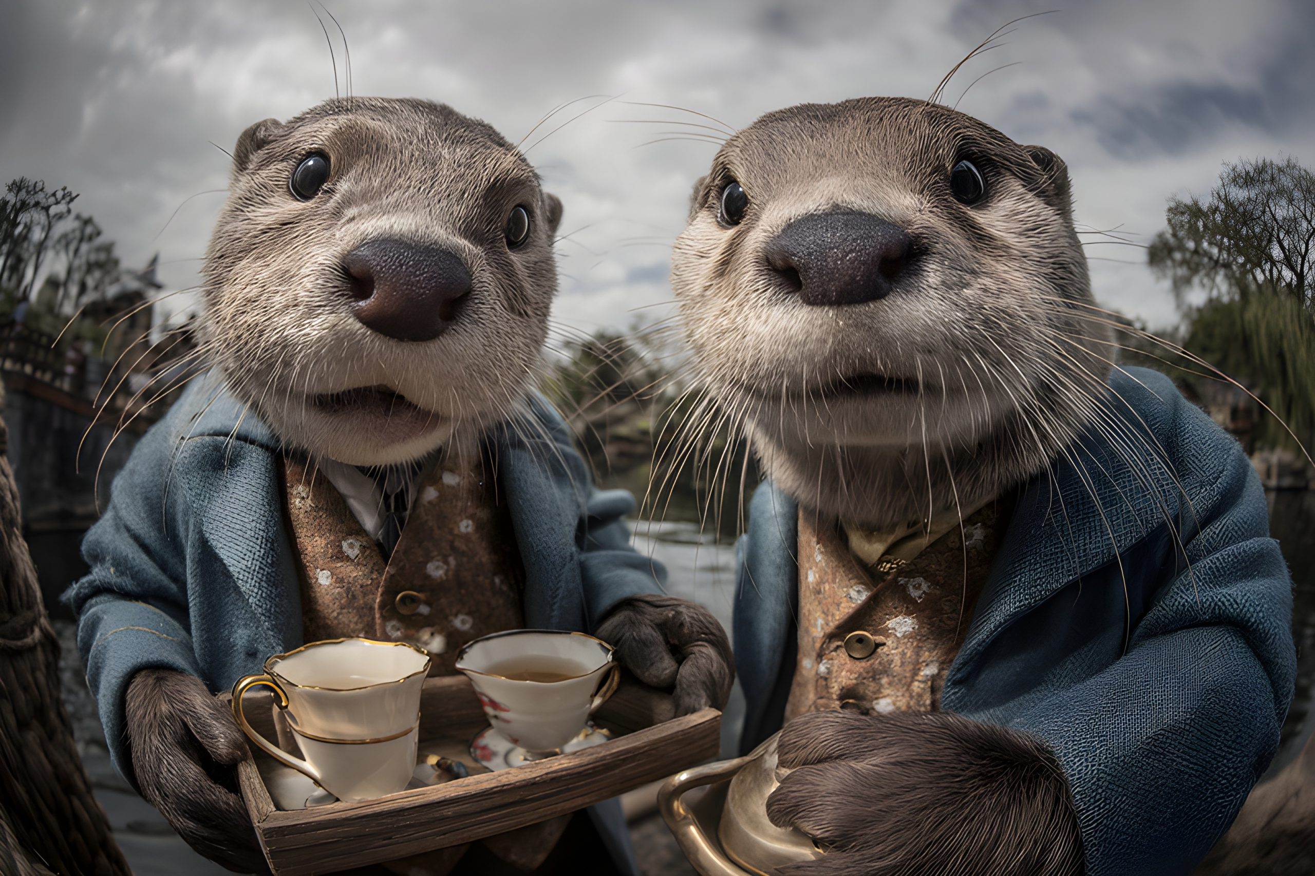 Otters in Fine Coats Enjoy Tea