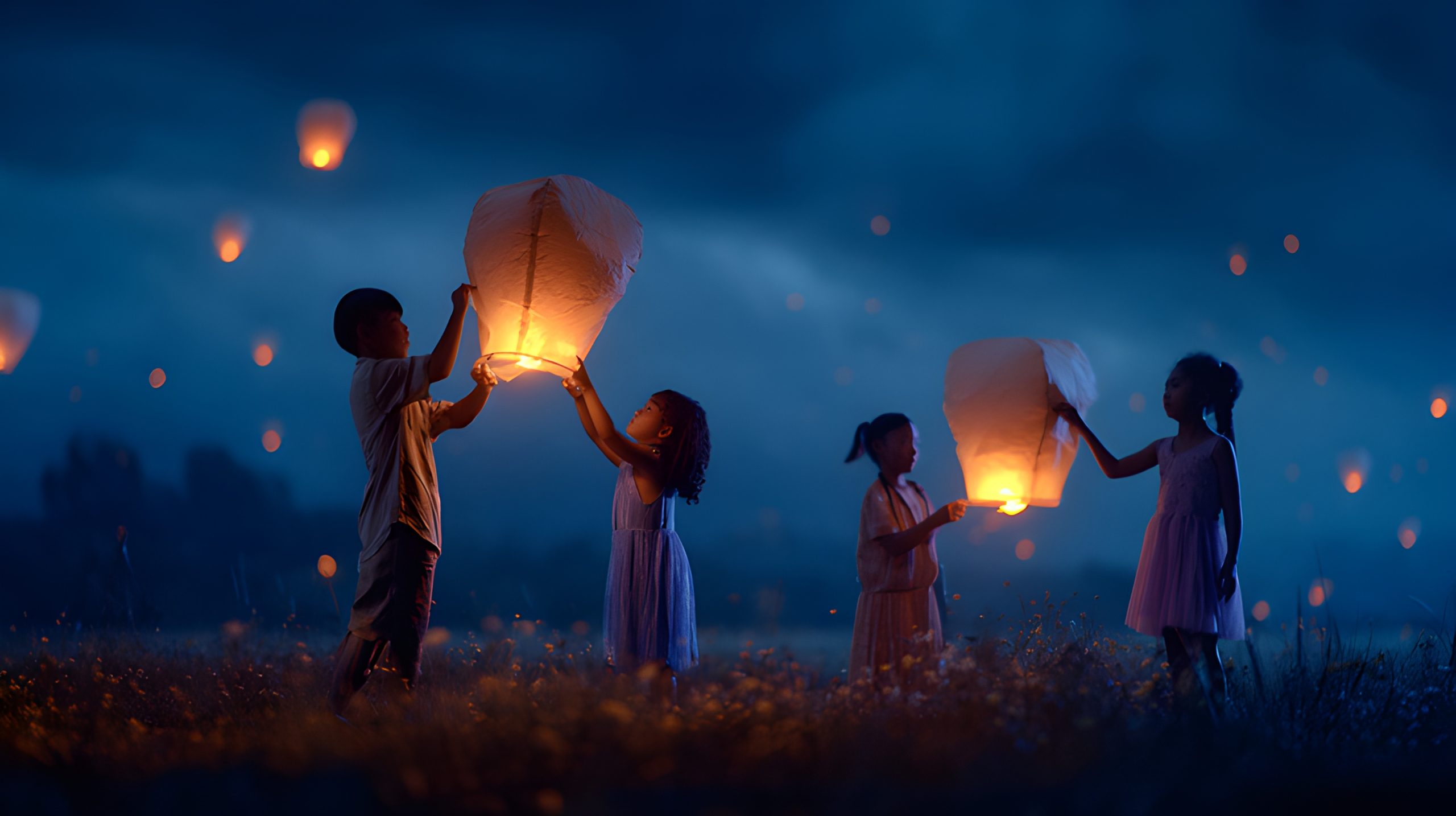 Children Launching Sky Lanterns at Night