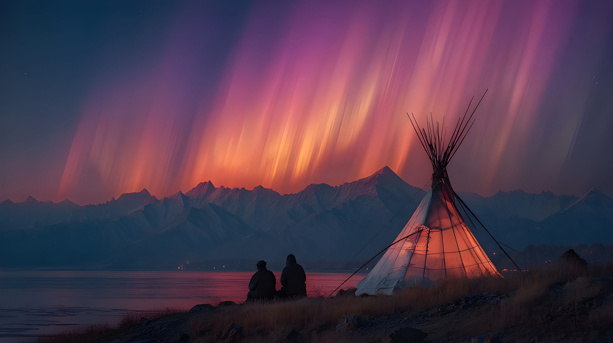 Aurora Borealis over Teepee and Mountains