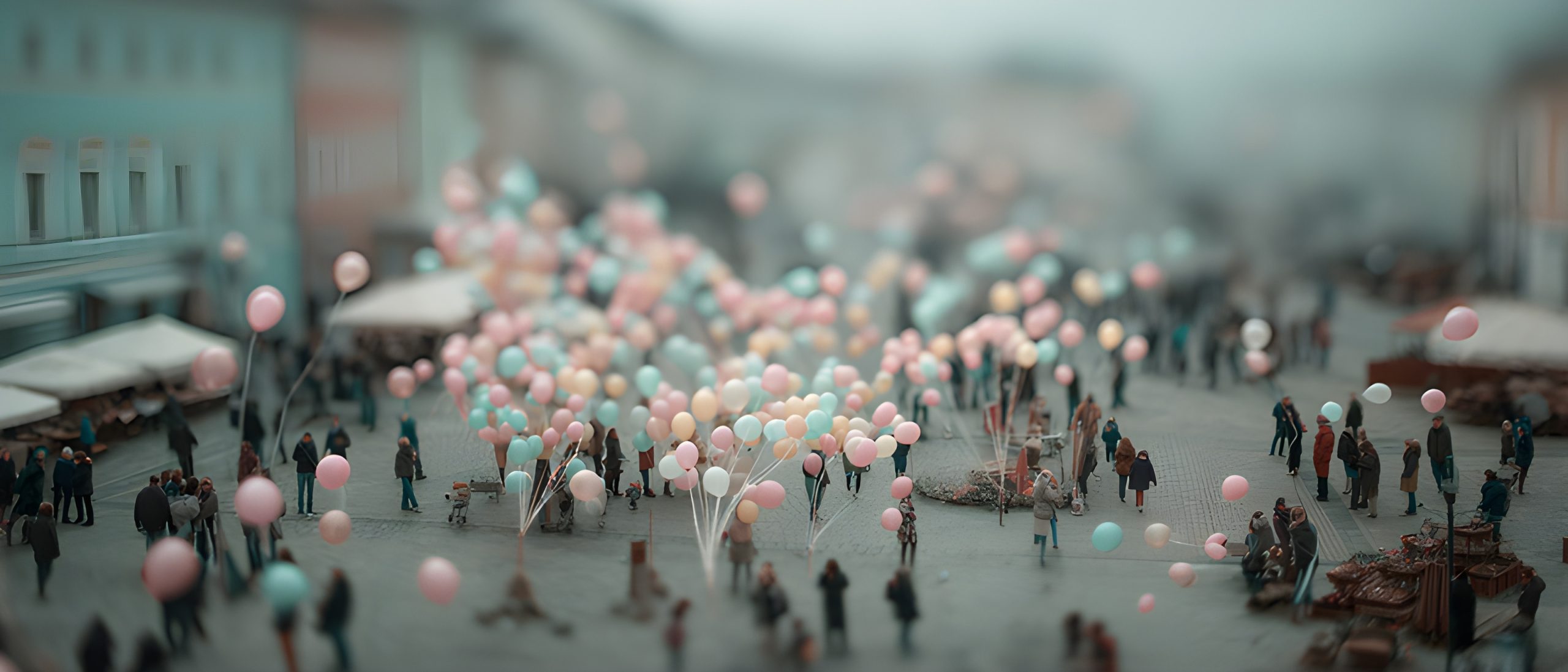 Pastel Balloons Over City Square