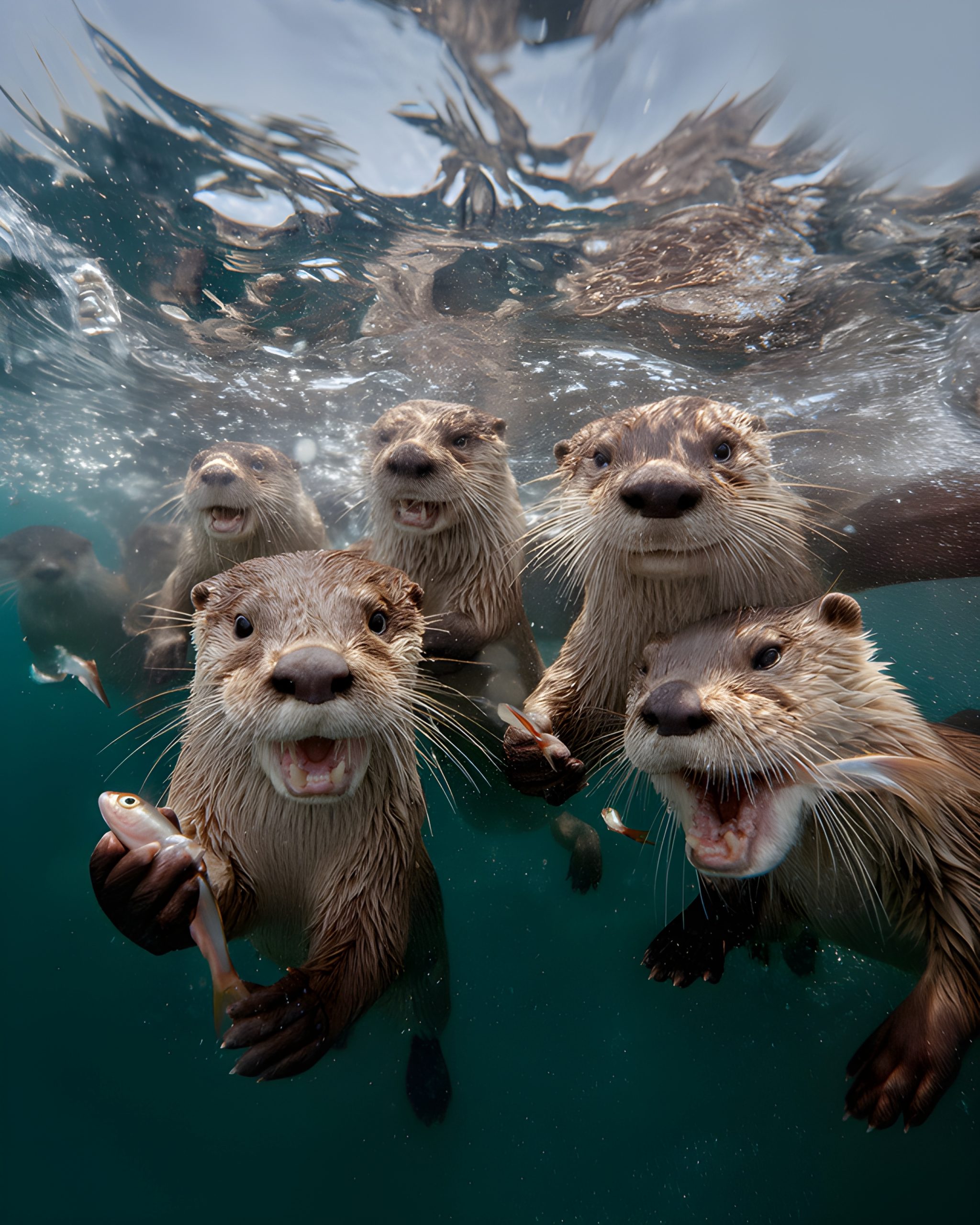 Smiling Otters Underwater Feast
