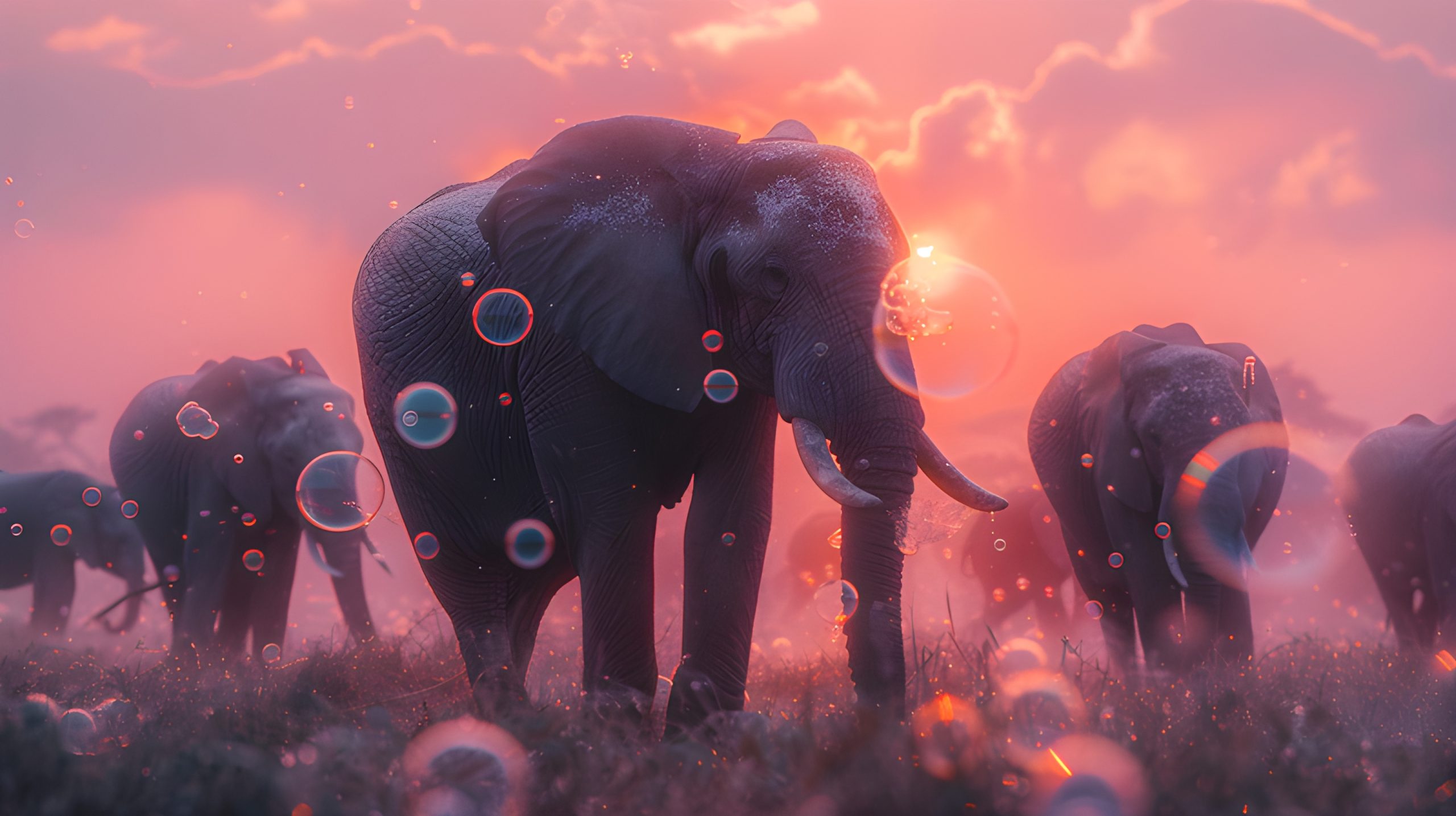 Sunset Elephants and Bubbles