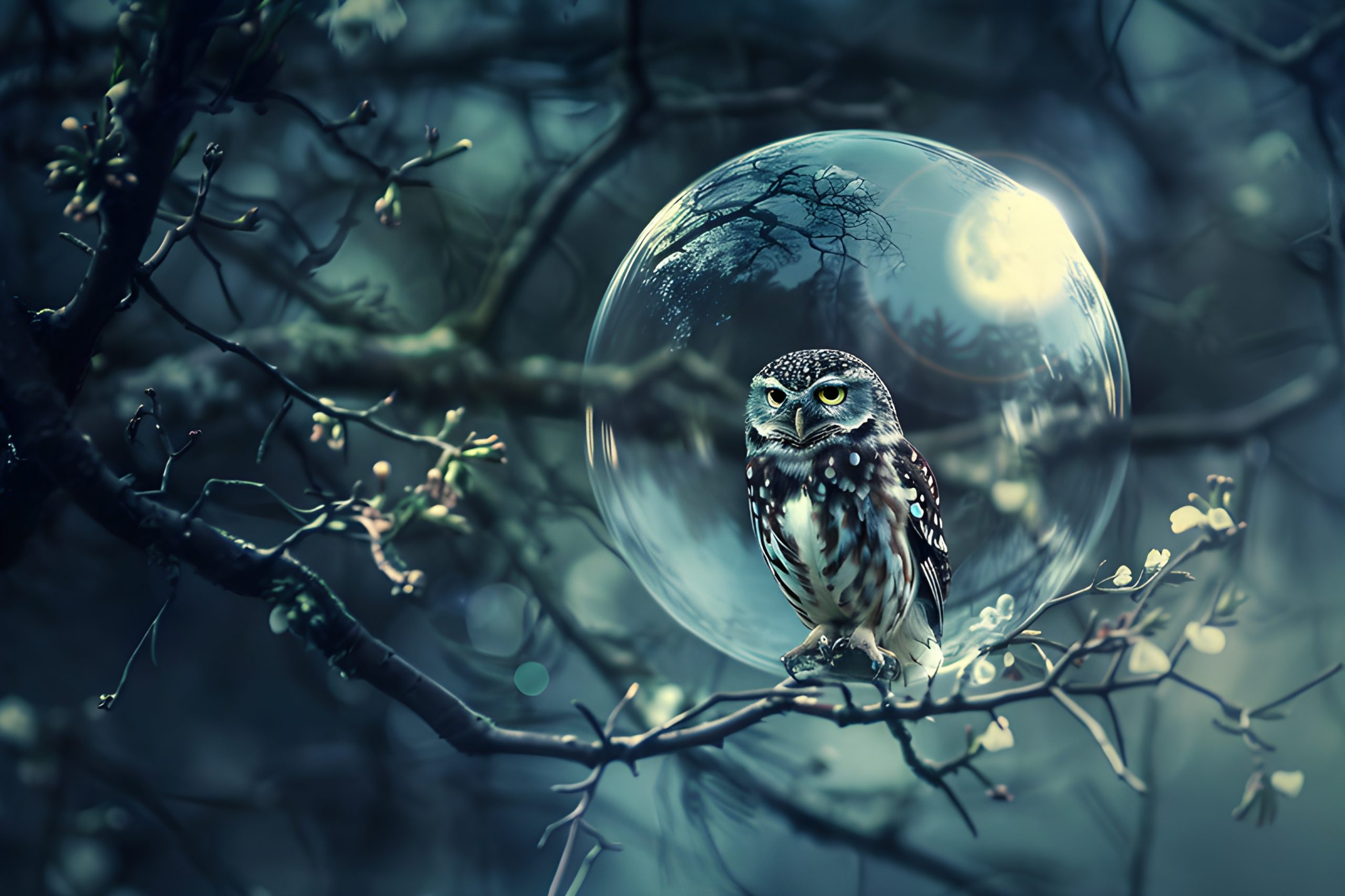 Enchanted Owl in Moonlit Bubble