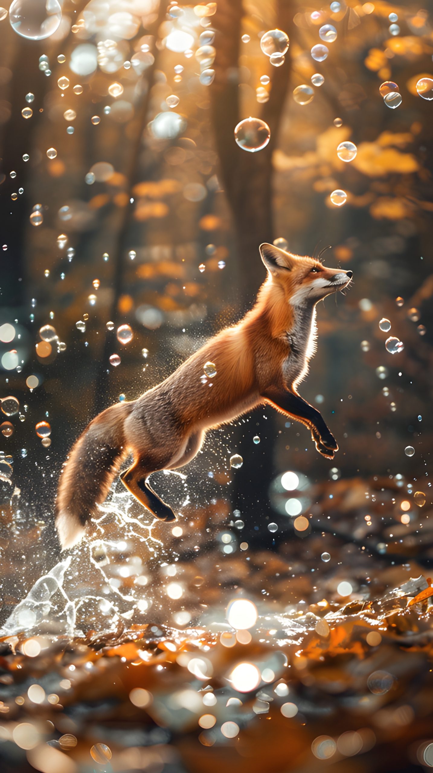 Fox Leaping Through Bubbles