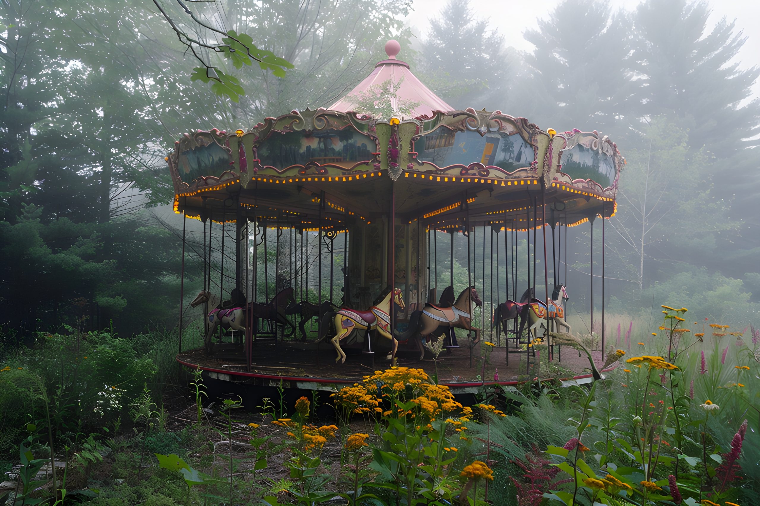 Forgotten Carousel in Misty Woods