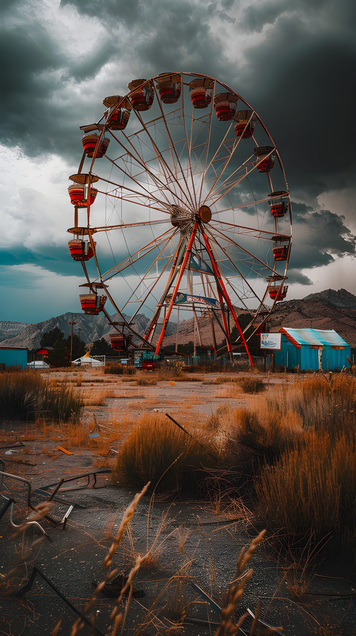 Abandoned Ferris Wheel Under Stormy Skies
