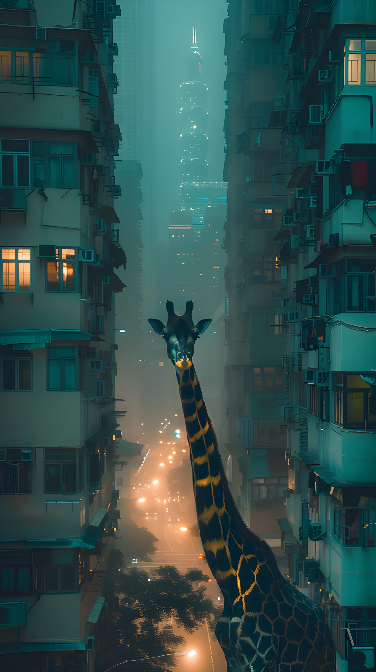 Giraffe in a Foggy Cityscape