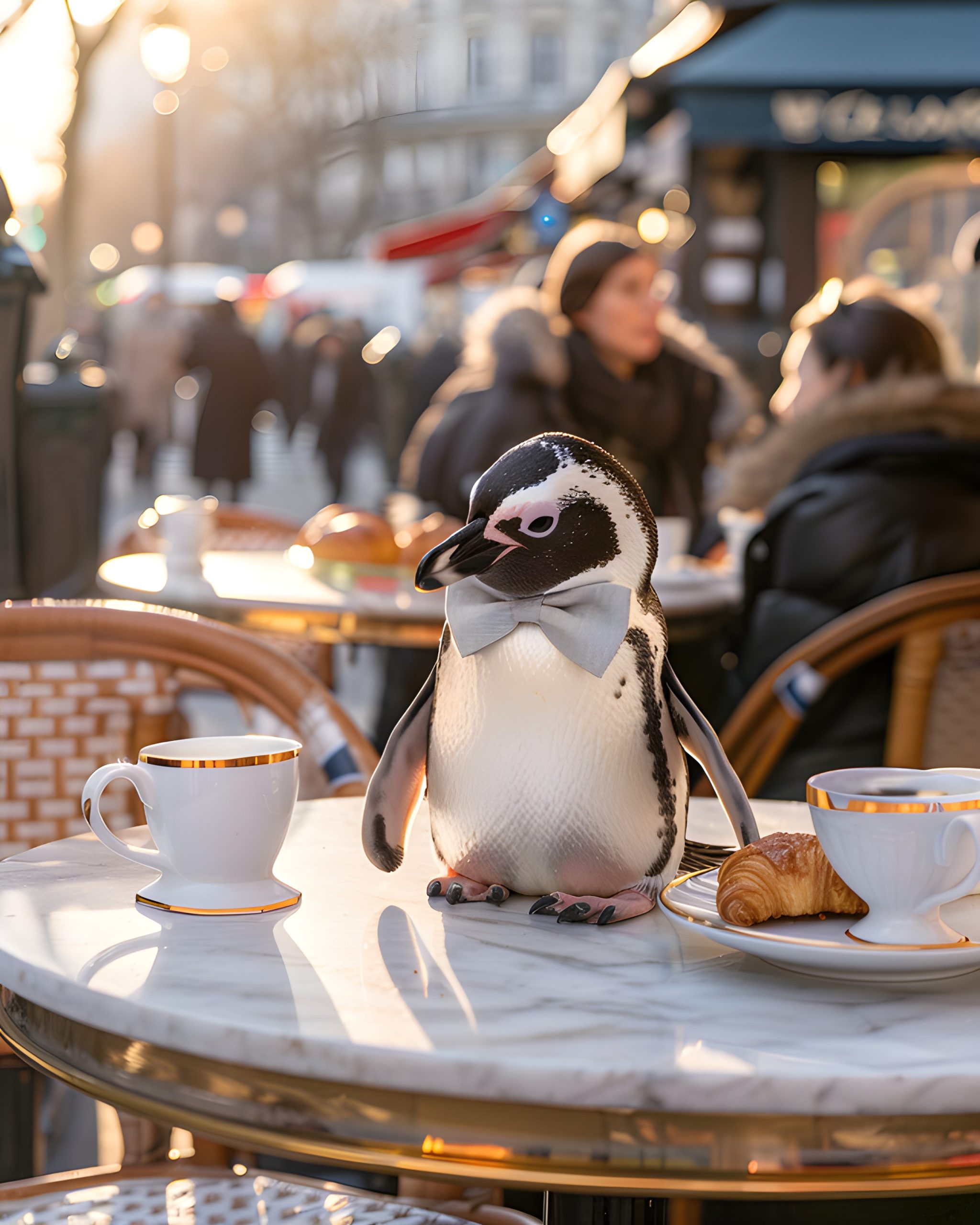 Penguin in Parisian Cafe