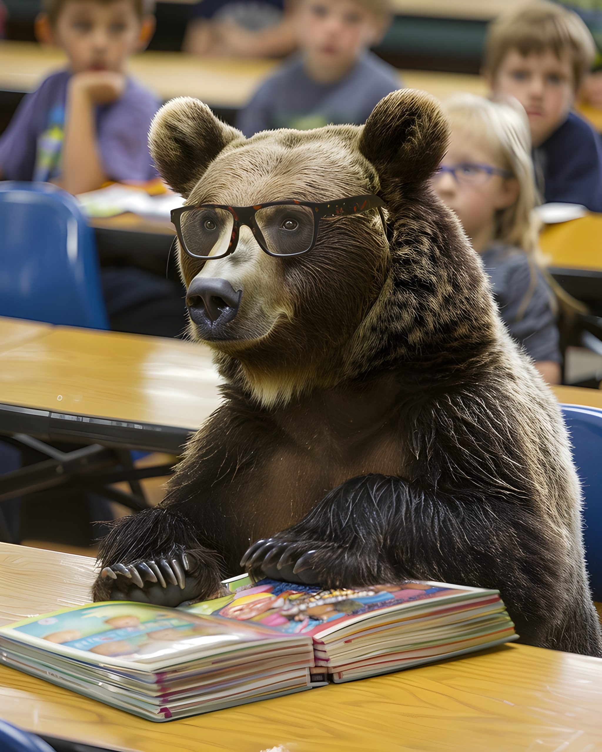 Bear in Glasses Reads in Class