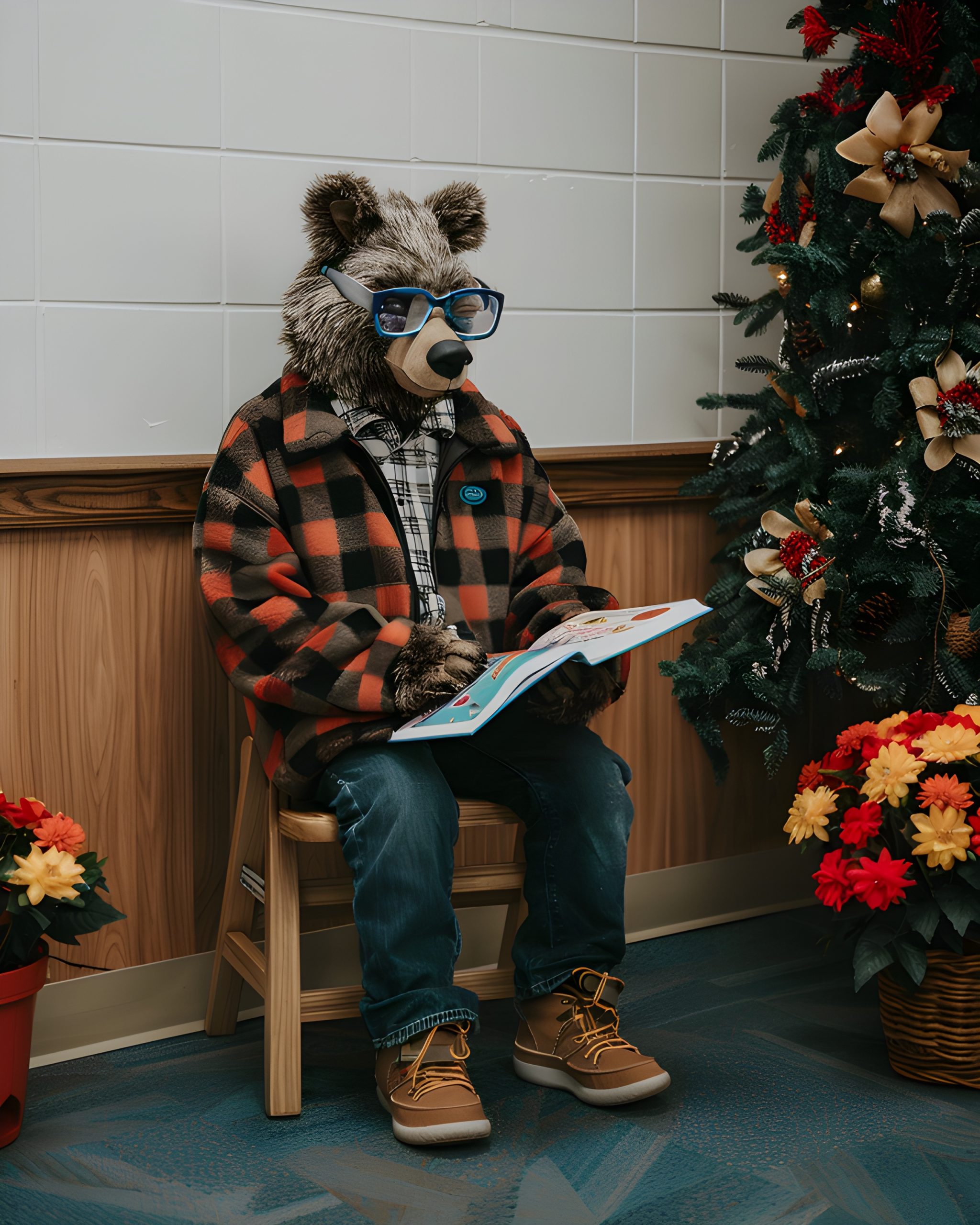 Bear in Glasses Reads by Christmas Tree