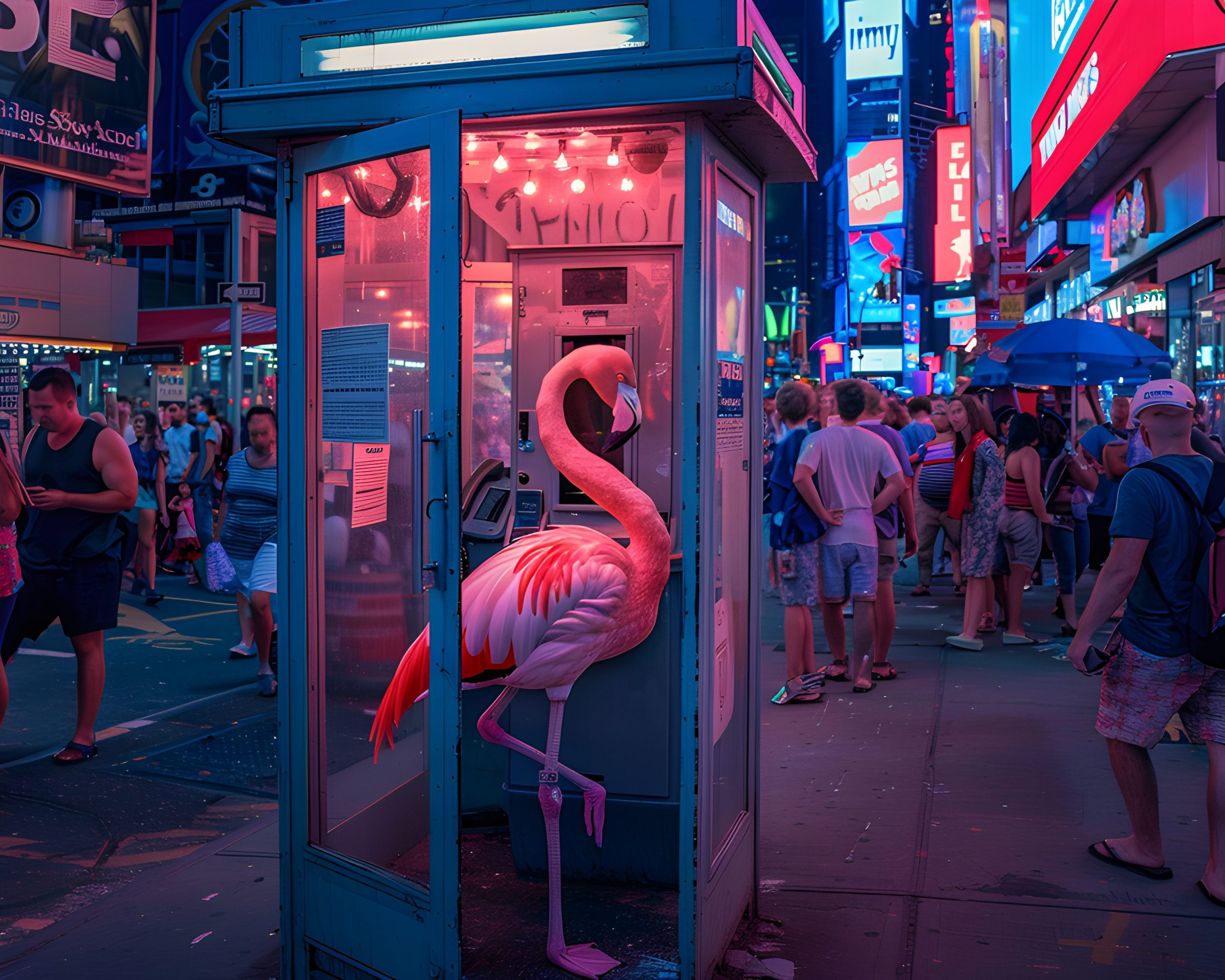 Pink Flamingo in Times Square Phone Booth