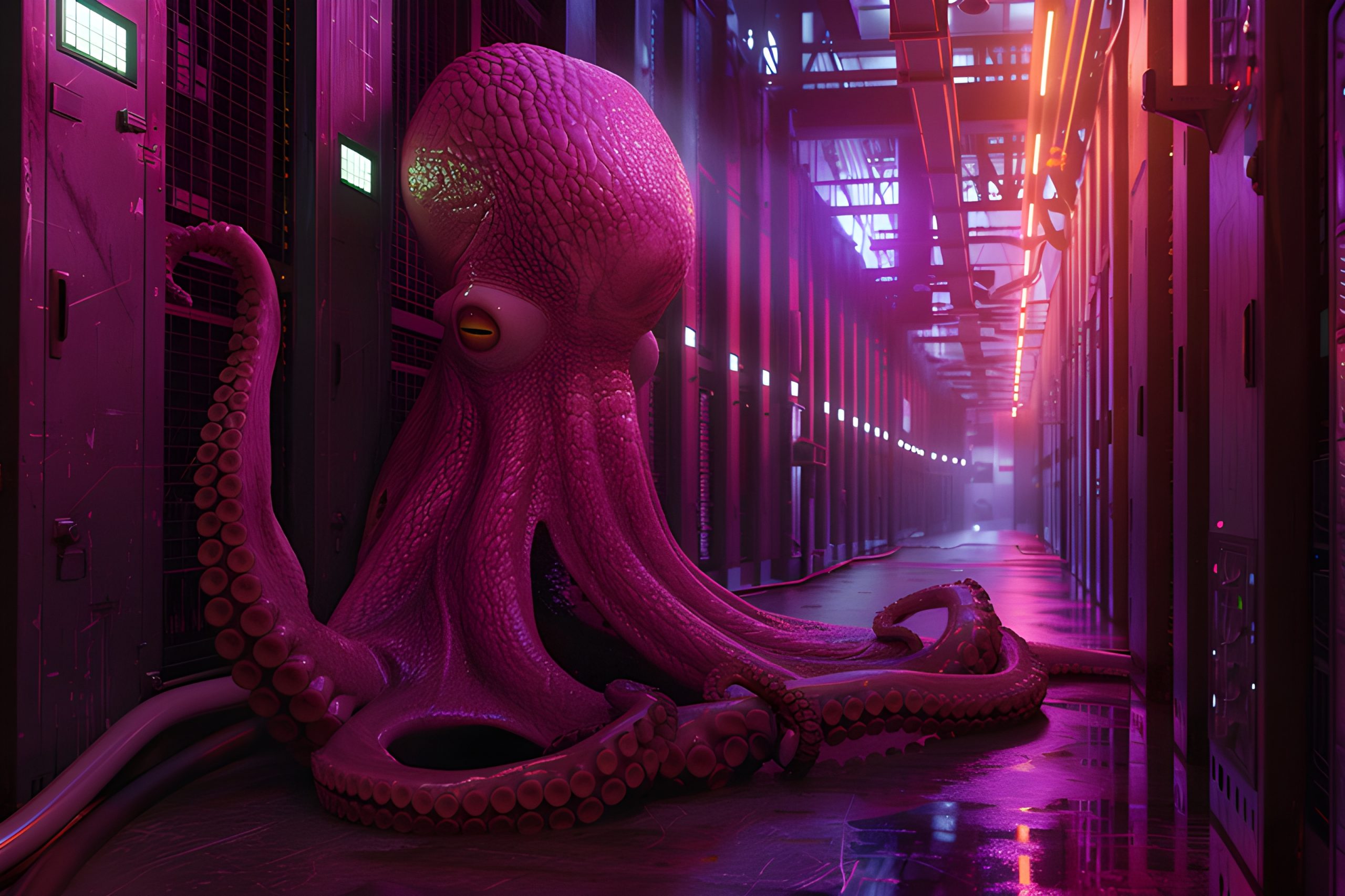Neon Octopus in Server Room