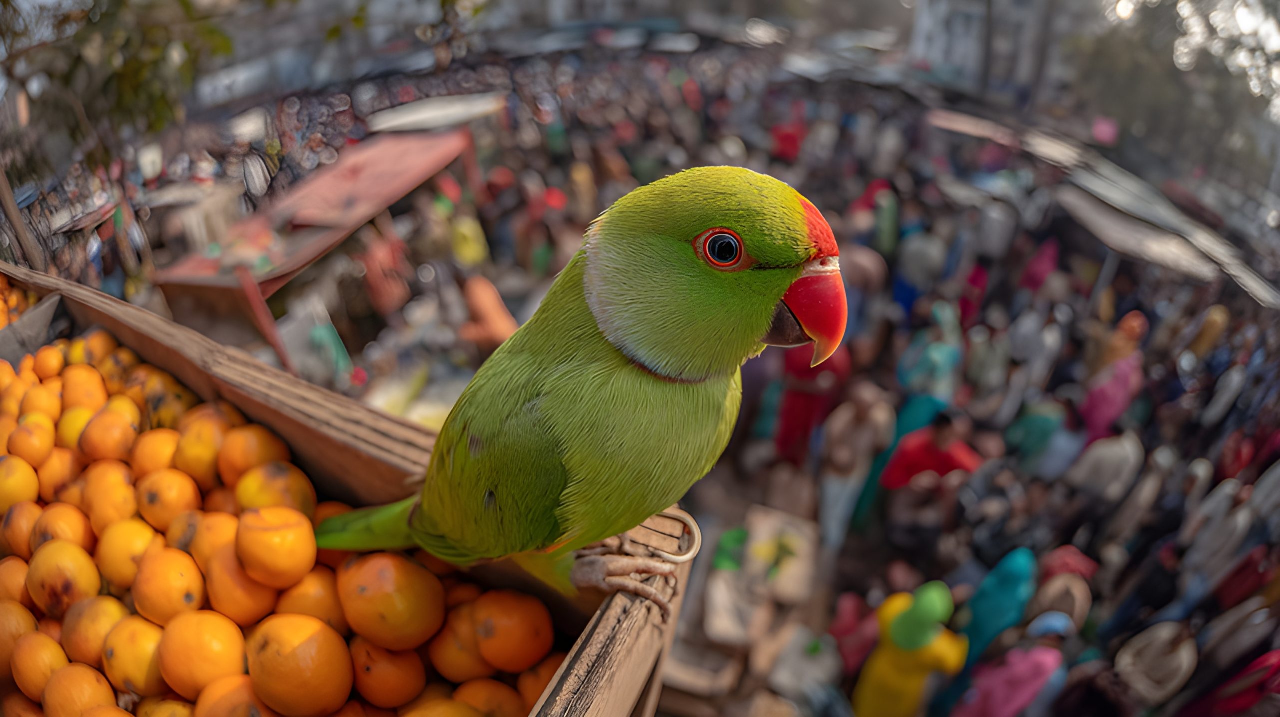 Parrot in a Busy Market