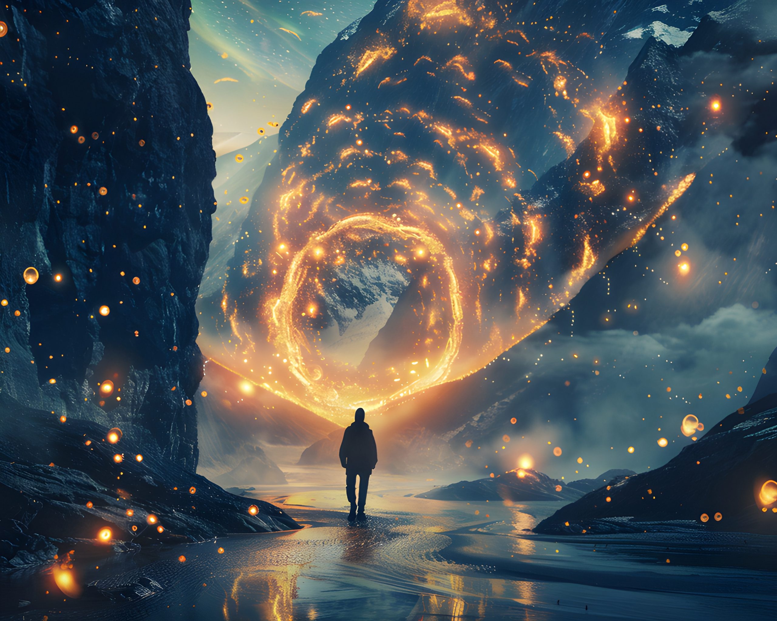 Here are a few title options under 50 characters:  * **Fire Ring Gateway**
* **Cosmic Mountain Path**
* **Soul’s Fiery Journey**
* **Into the Nebula’s Heart**
* **Wanderer at the Vortex**
