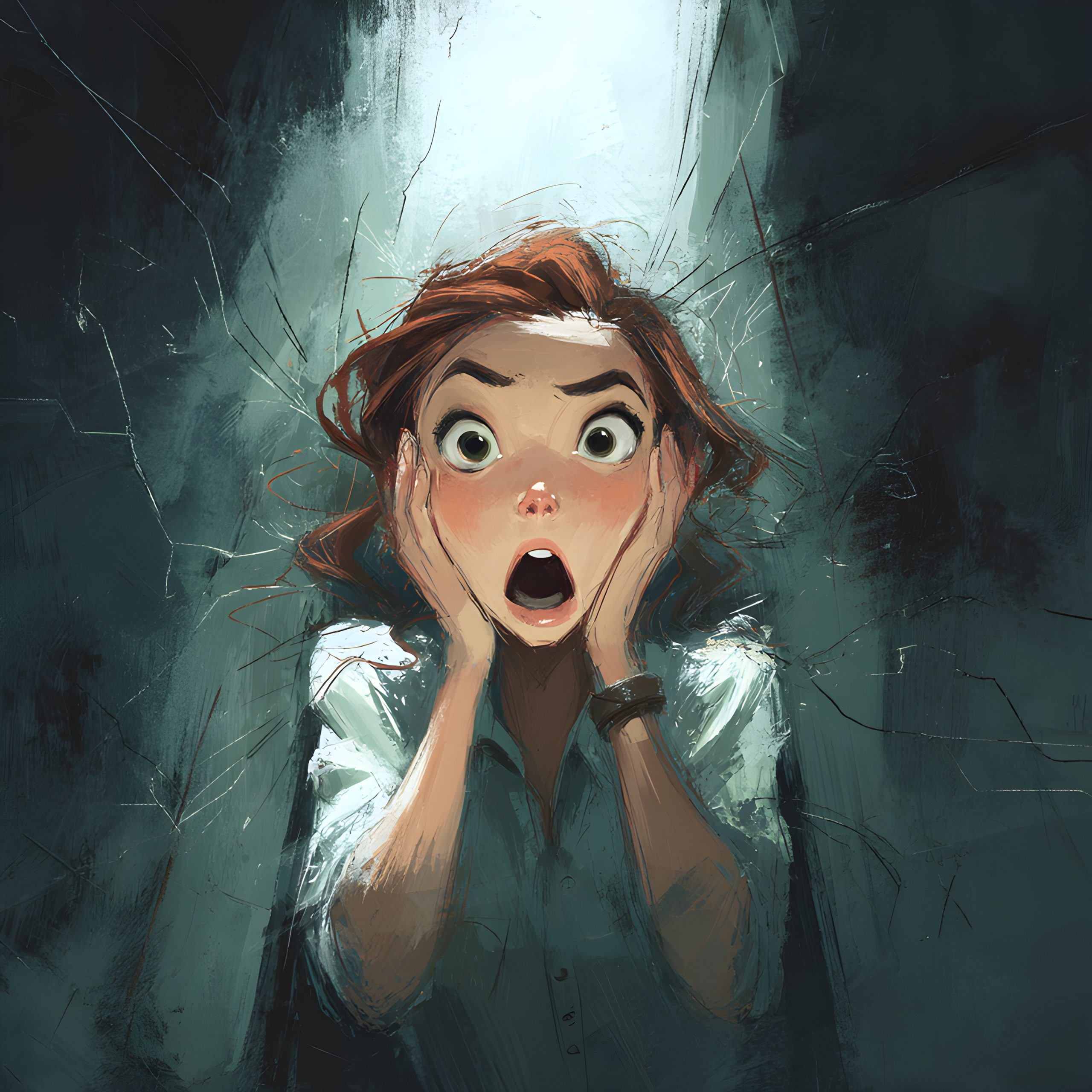 Shattered Glass Surprise
Shock Behind Broken Glass
Woman’s Terrified Reaction