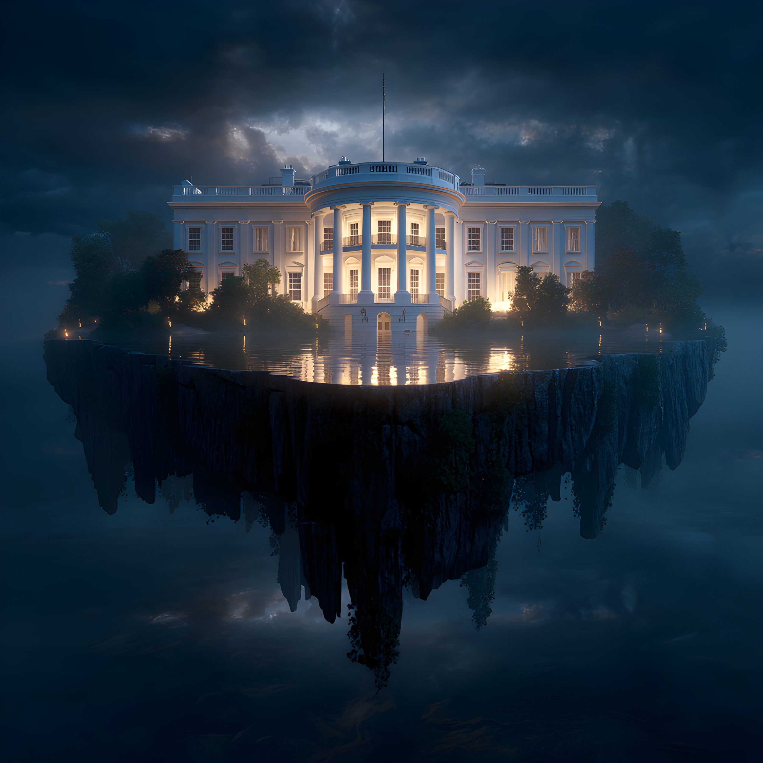 White House adrift on a moonlit isle