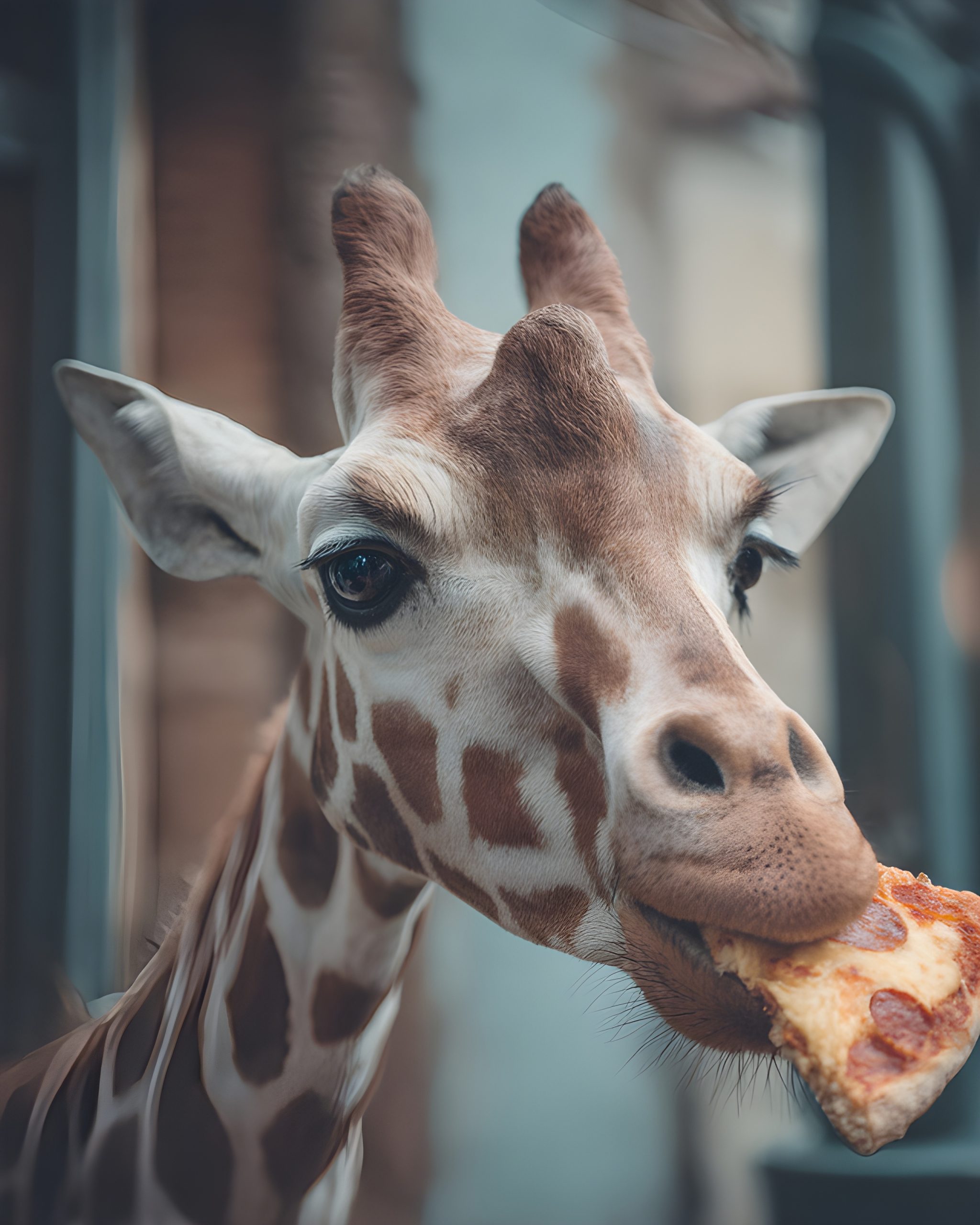 A giraffe enjoying pepperoni pizza