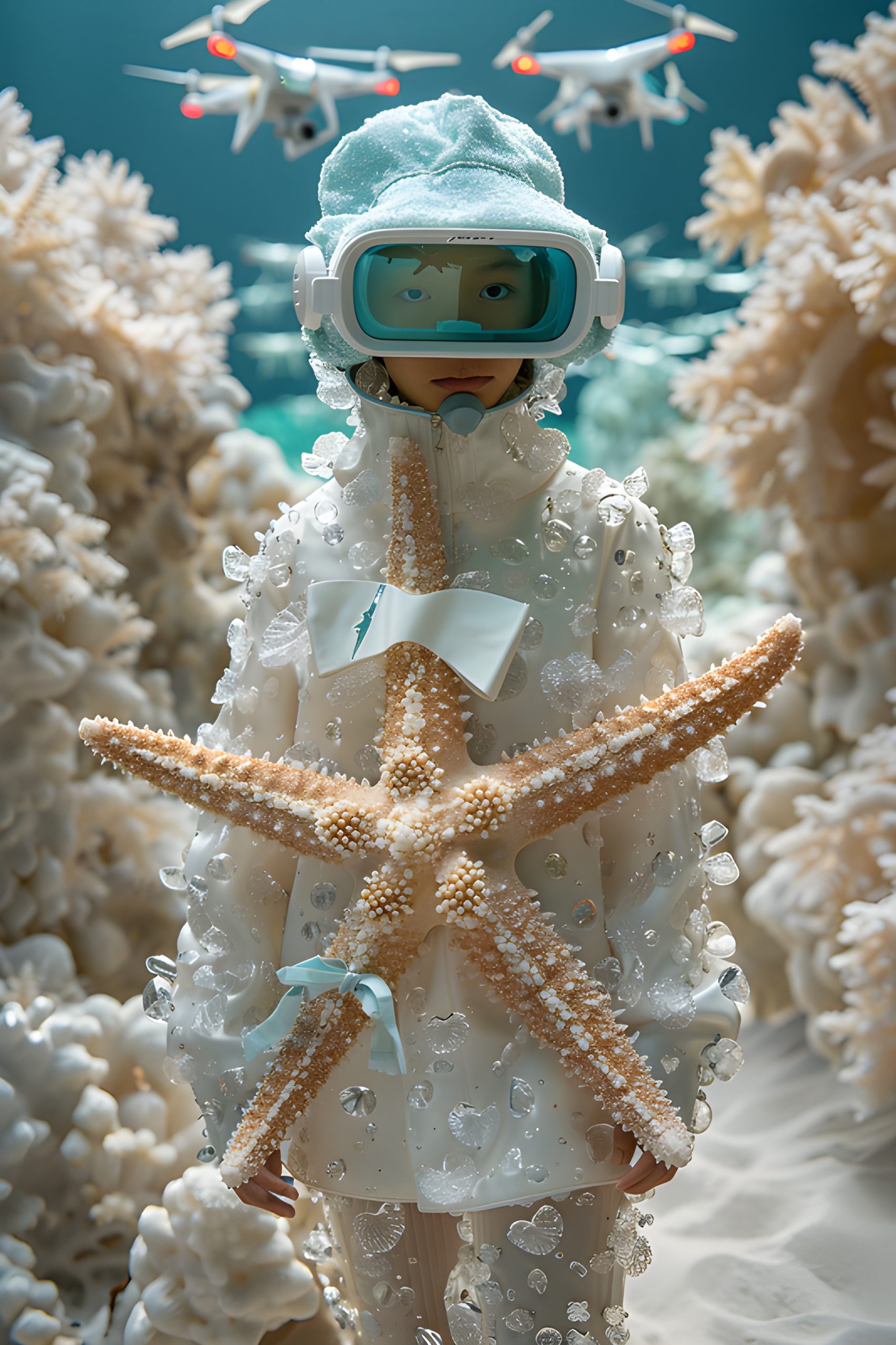 Coral guardian with starfish and underwater drones