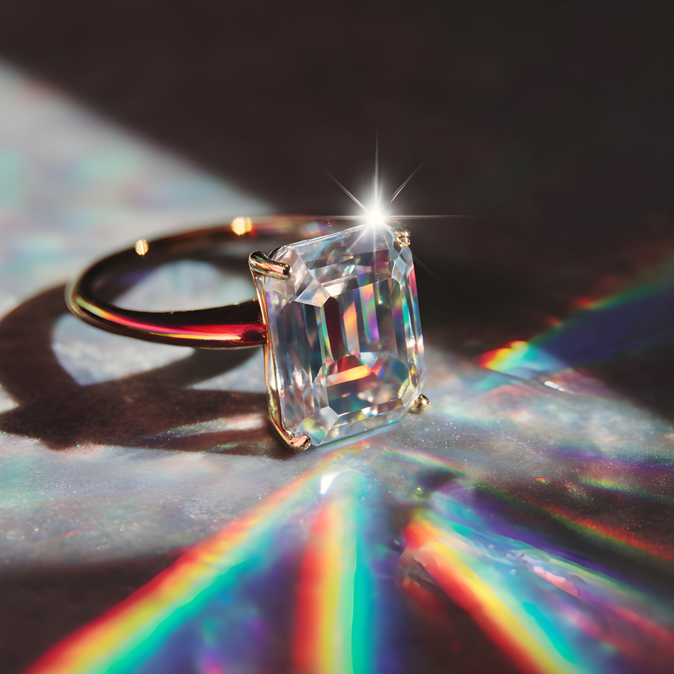 Emerald cut diamond and rainbow light