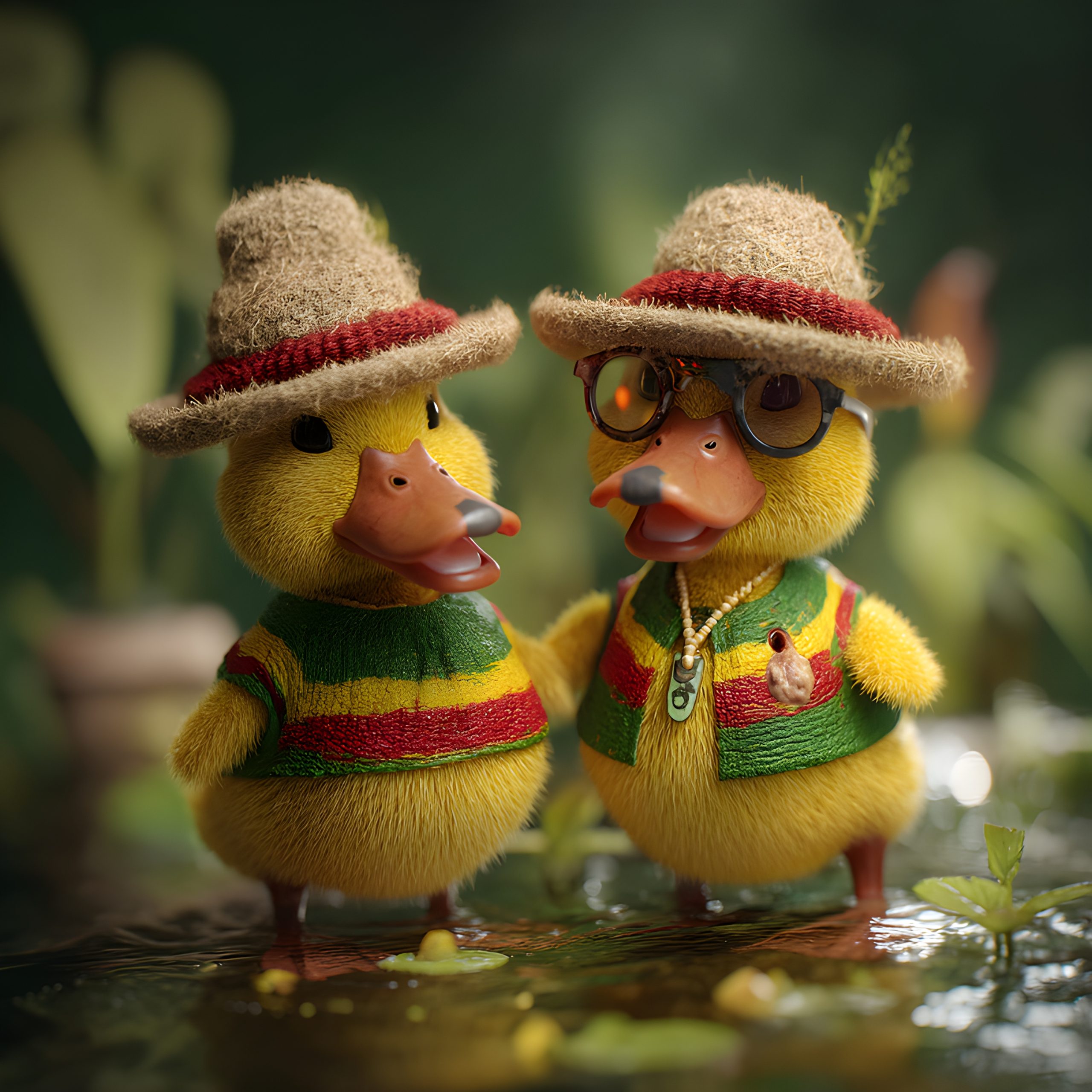 Dapper Rasta ducklings in the pond