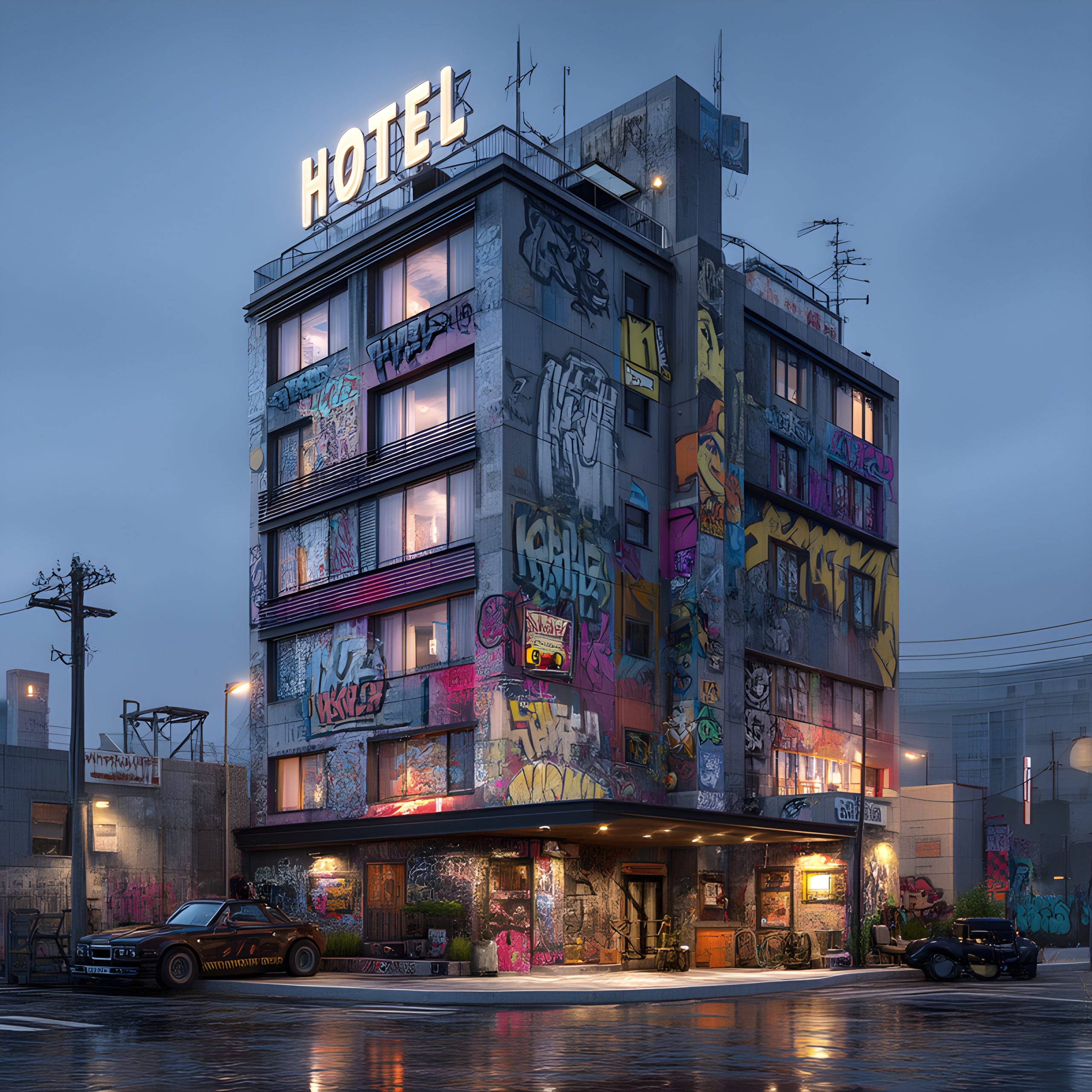 Vibrant Street Art Hotel Rainy Night