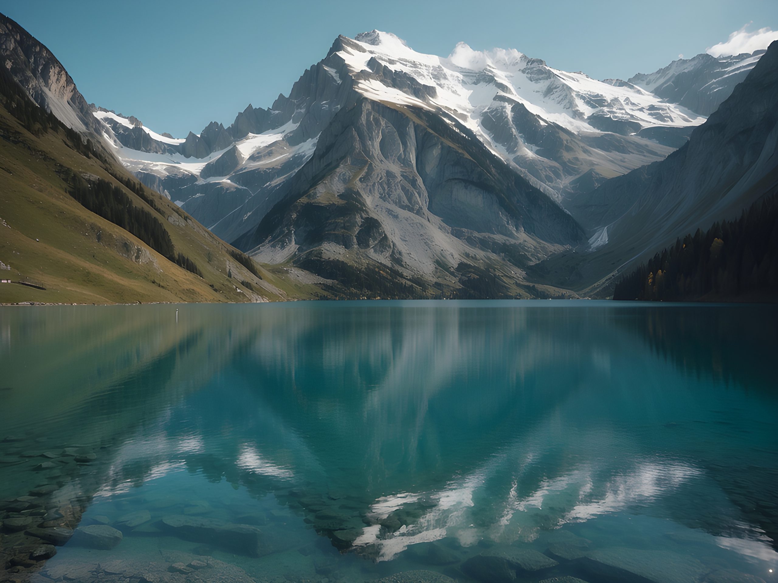 Snowy mountain reflection in clear blue lake