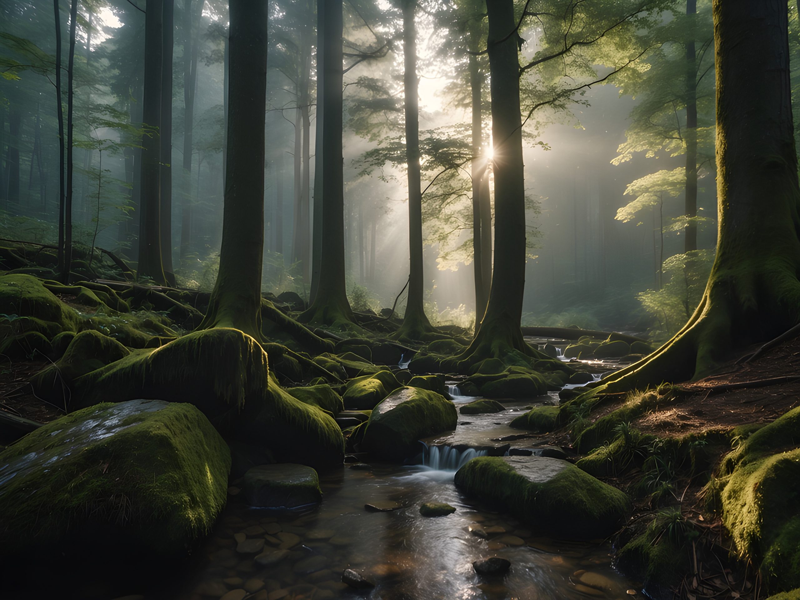 Mossy forest stream with sunbeams