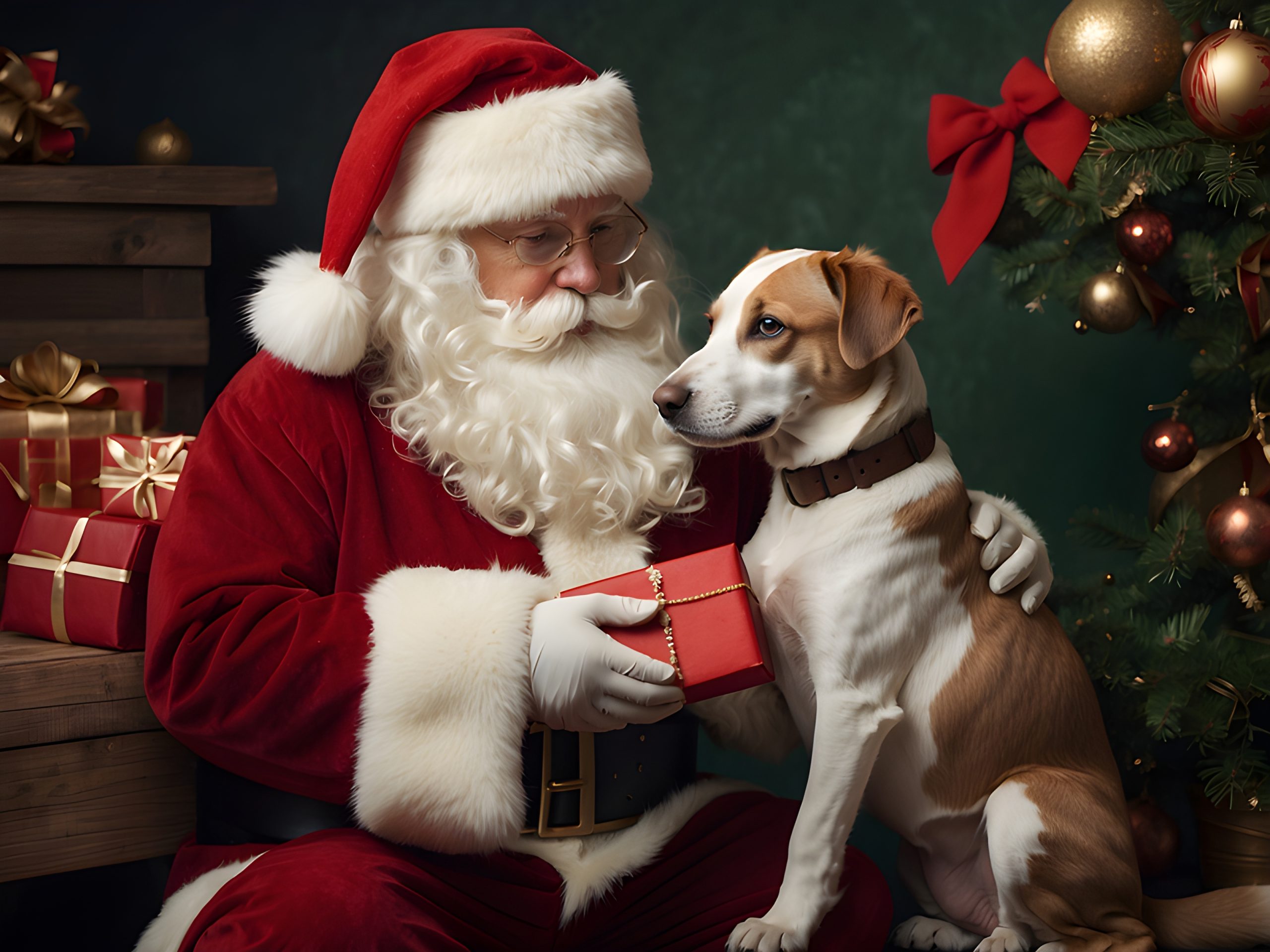 Santa gives a Christmas gift to his dog