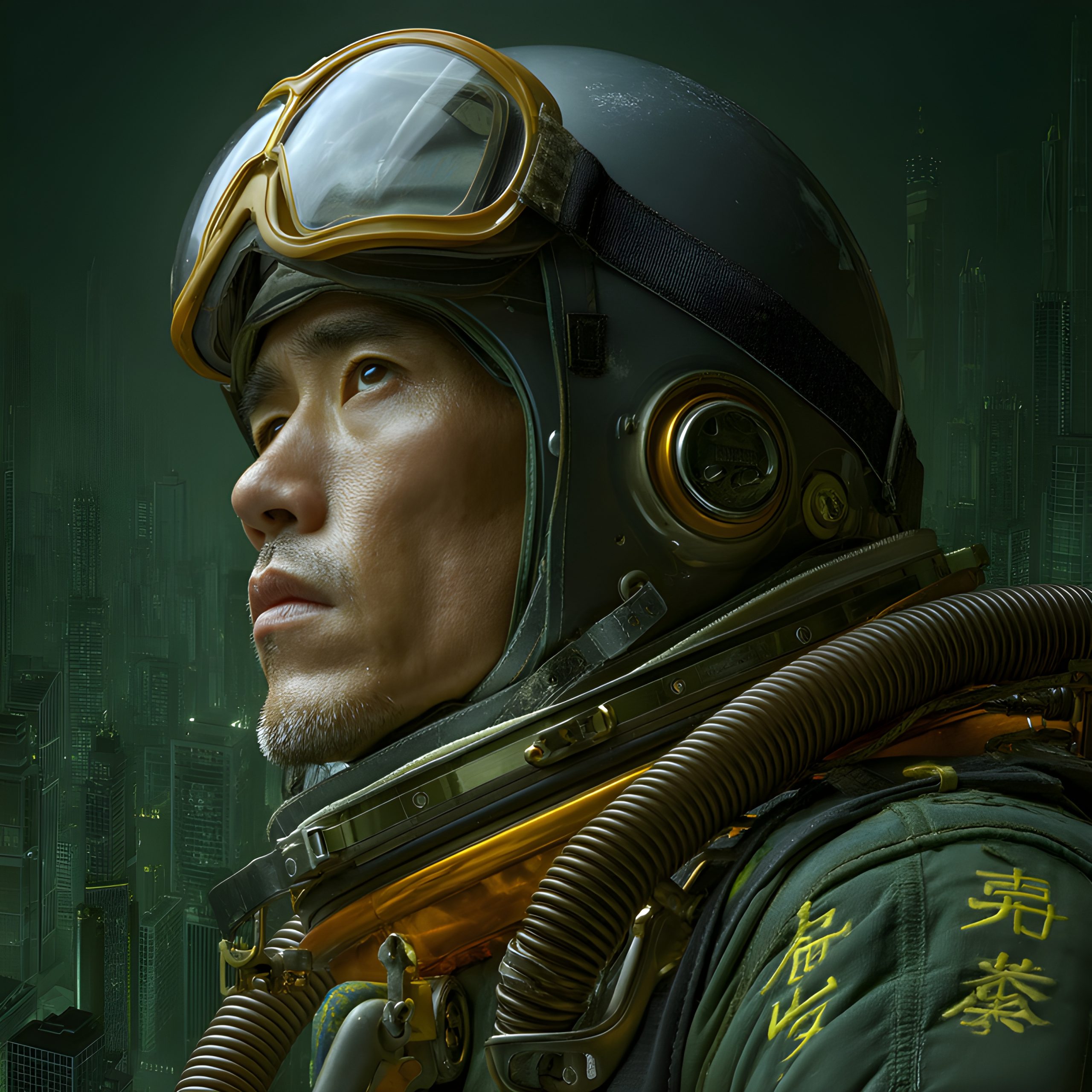 Cyberpunk aviator gazes at neon city