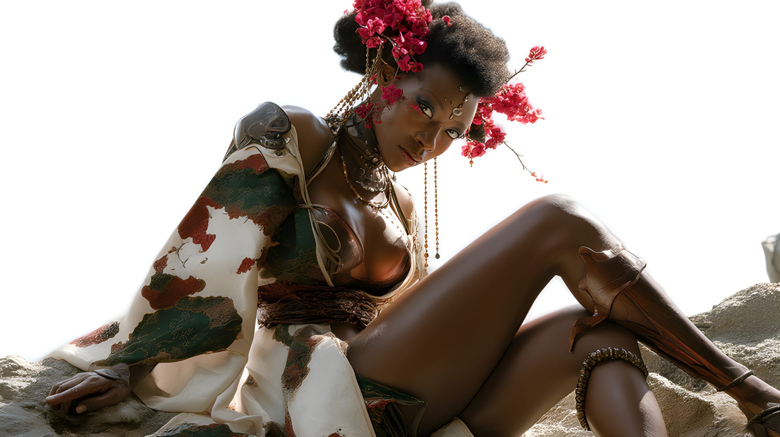 Afro-futuristic goddess in red blossoms
