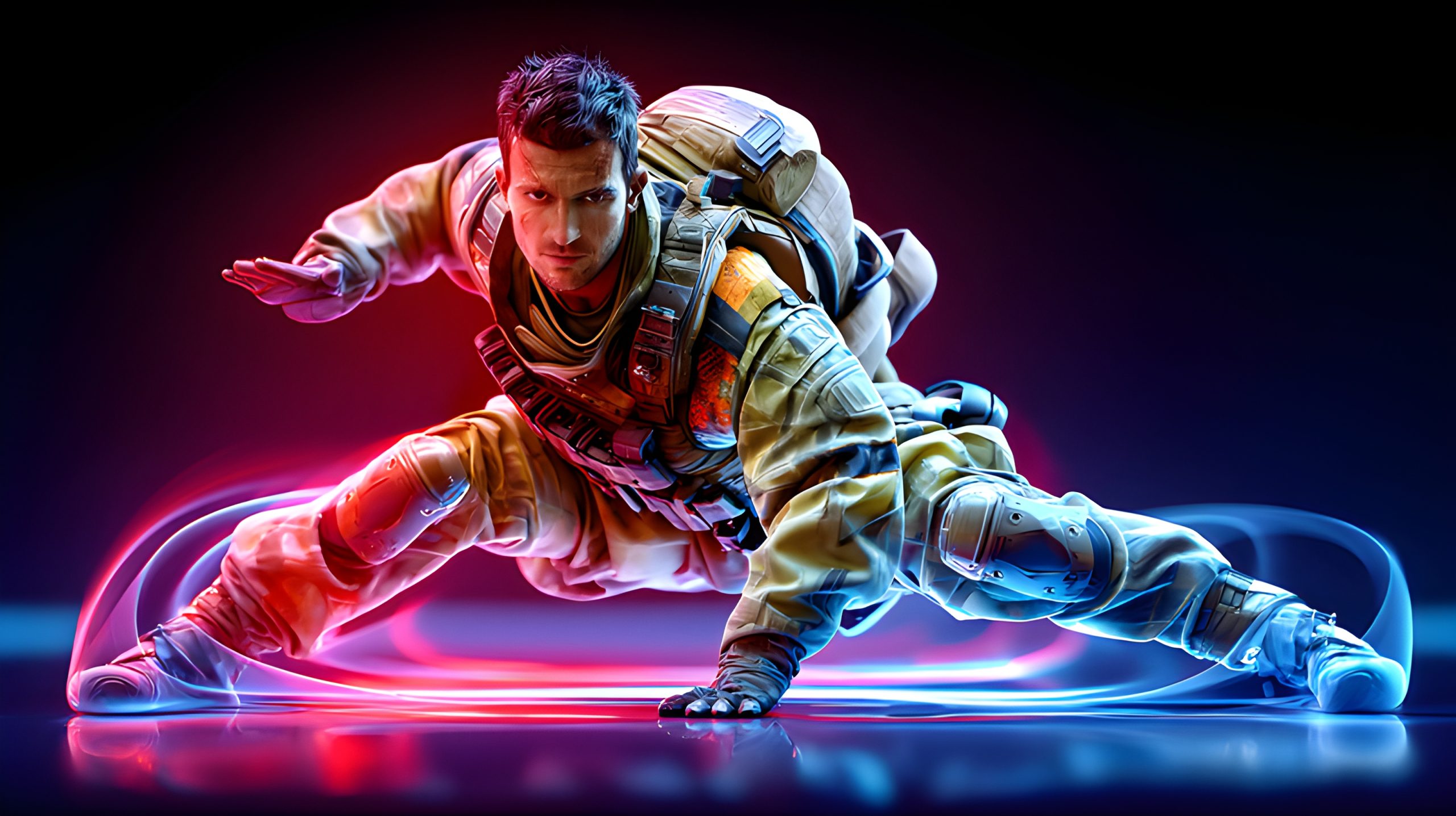 Crouching warrior in neon glow