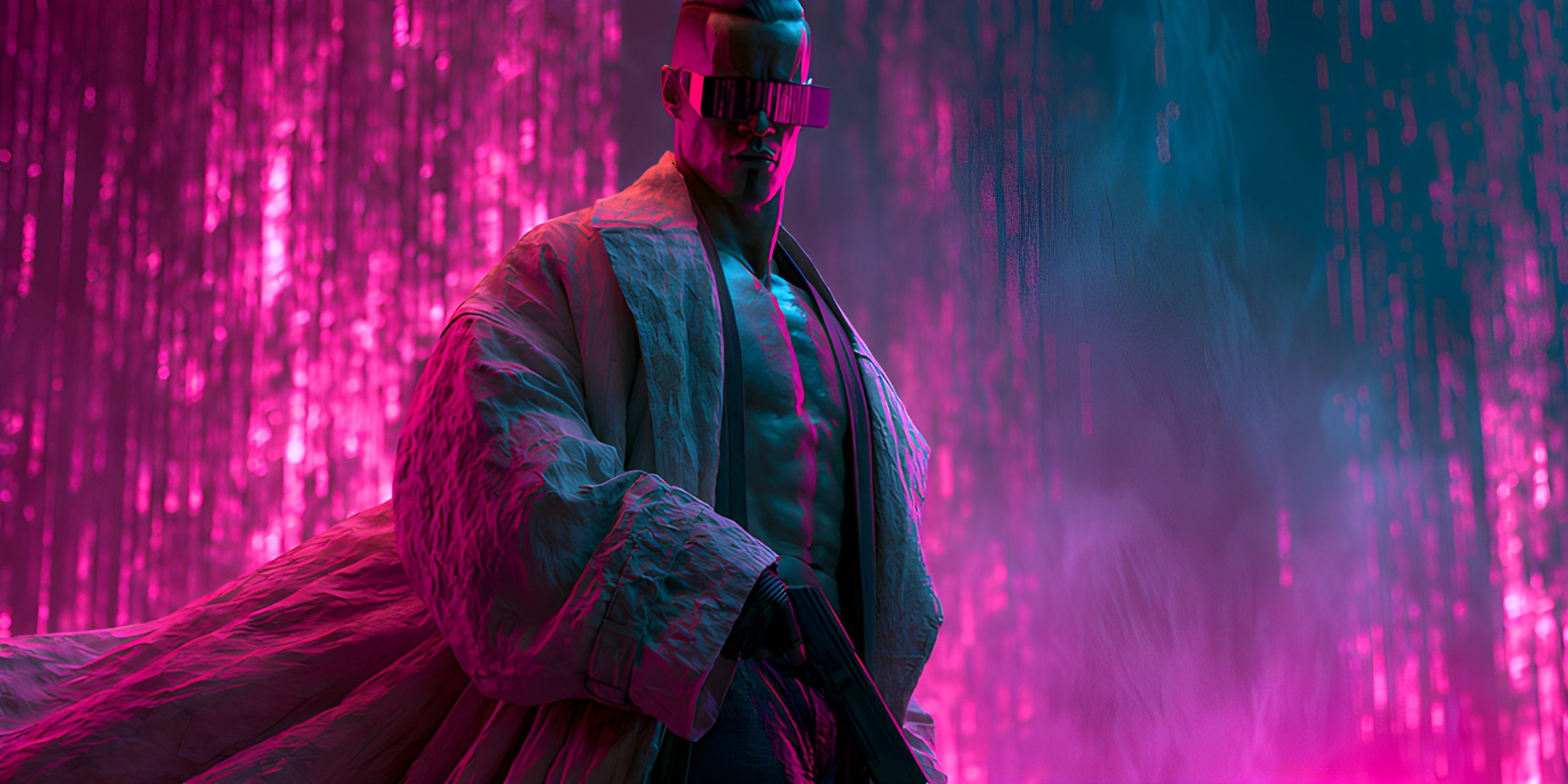 Neon Warrior in Digital Rain